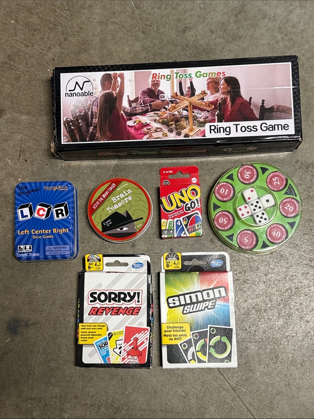 NEW Games!  Ring toss, LCR, Brain Teasers, Sorry, UNO, Simon, Yam Slam